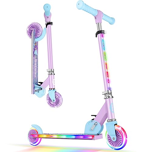 BELEEV V2 Monopattino Bambino 3-12 anni, LED Ruote Illuminate & Stem & Deck, Pieghevole Monopattino 2 Ruote per Bambina Ragazza Ragazzo, 3 Altezza Regolabile, Ponte Antiscivolo, Carico Massimo 50Kg