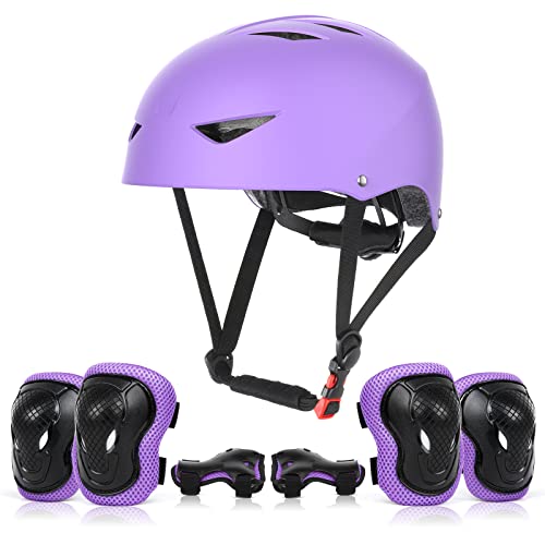 ValueTalks Set di Casco Protezione Bambini con Casco Regolabile Ginocchiere Gomitiere e Polsiere per Skate Bicicletta Pattinaggio Monopattino e Altri Sport Estermi(6-16 Anni） (viola)