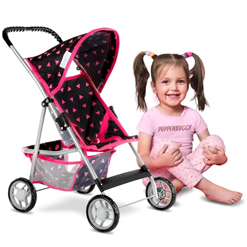 Kinderplay Passeggino per Bambole Pieghevole - Telaio in Alluminio Leggero, Ruote Antigraffio - Per Bambole fino a 40 cm, Manico 56 cm - Buggy a Ombrello 3+ con Cinture e Cestello