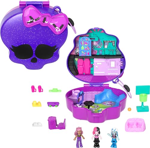 Polly Pocket Monster High - Set Mostramiche, playset scuola superiore con 3 micro bambole Monster High e 10 accessori da paura inclusi, giocattolo per bambini, 4+ anni, HVV58