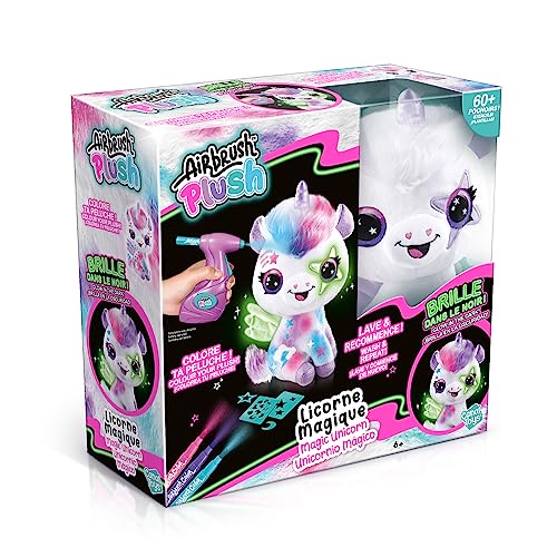 Canal Toys - Airbrush Plush - Colora Il Tuo Unicorno di Peluche Che Si Illumina al Buio - Kit per dipingere con aerografo Automatico, pennarelli Lavabili, Adesivi e Stencil Adesivi - OFG273