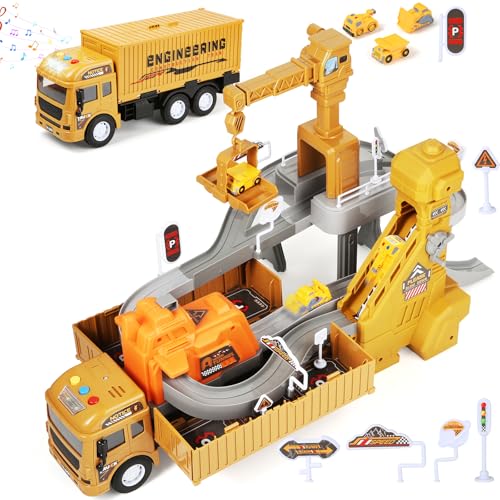MOONTOY Pista da Costruzione 4 in 1 con Camion, Gru e Nastro Trasportatore – Set Veicoli da Cantiere con Bulldozer e Camion Ribaltabile – Giocattolo Educativo per Bambini 3-7 Anni