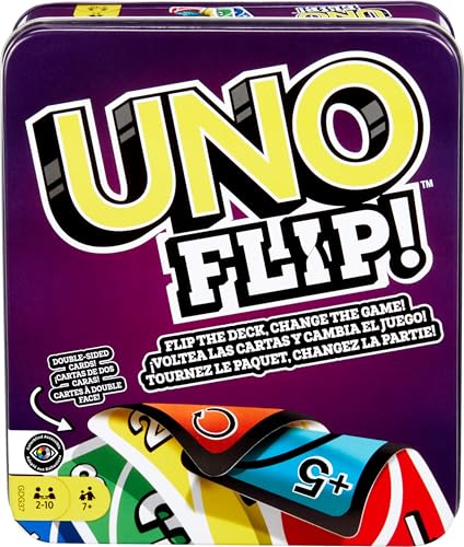 Mattel Games Uno Flip, L'elettrizzante variante del mitico gioco di carte per tutta la famiglia in una scatola in metallo, 112 carte fronte/retro e carte speciali FLIP, giocattolo 7+ anni, GDG37