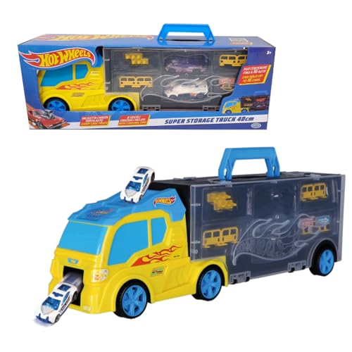 ODS - Hot Wheels Transporter 40 Bisarca, Camion Porta Veicoli Apribile su 2 Lati, Incluse 2 Auto e Segnali Stradali, Lunghezza 40 cm, età Consigliata +3 Anni