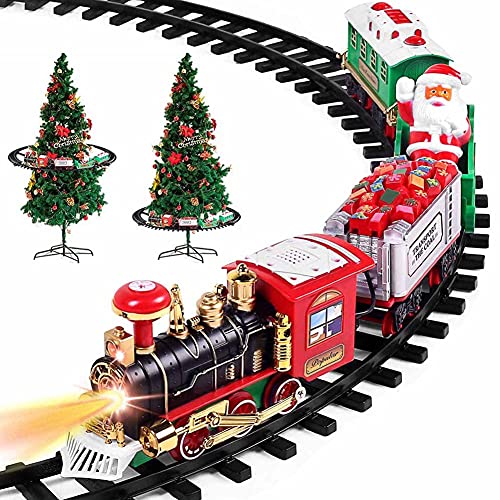 PARTENOPE Trenino Natalizio con Supporto Installazione per Centro Albero di Natale Treno Elettrico 2 Vagoni + Slitta Babbo Natale con Luci e Suoni Decorazioni Natalizie Diametro Pista 89 cm