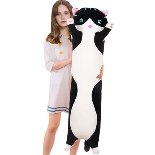 Aiuidun Gatto Peluche Morbido Abbraccio Cuscino Animale Carino Kitty Sleeping Throw Regalo per Bambini (70cm/27.5inch, Nero)