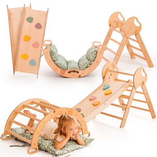 Goodevas 5-in-1 Telaio da Arrampicata per Bambini - Scala a Triangolo, Arco per Arrampicata, Balance Board e Cuscino, Telaio da Arrampicata Montessori, Palestra in Legno per Bambini da 1 a 3 Anni