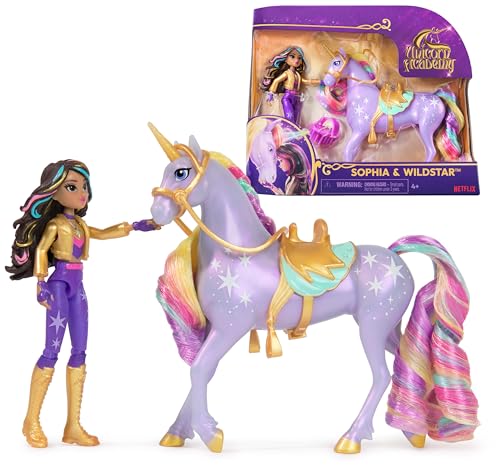 Set Unicorn Academy, Sophia & Wildstar con 2 Accessori Per l'Equitazione e Strumento per lo Styling dei Capelli, Bambole e Unicorni Giocattolo per Bambine, 4+ Anni