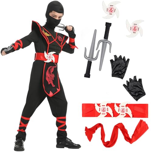 XCMVCN Costume Ninja per Bambini, Set di Accessori da 14 Pezzi Costume Ninja per Ragazzi e Ragazze, Set di Costumi Cosplay Ninja per Halloween e Carnevale (Nero, XL)