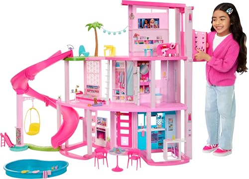 Barbie - Casa dei Sogni di Barbie, playset casa delle bambole con piscina, scivolo a 3 piani, ascensore e aree di gioco per cuccioli, 75+ accessori, giocattolo per bambini, 3+ anni, HMX10
