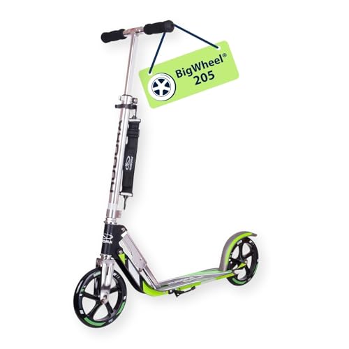 HUDORA Monopattino BigWheel 205 - in alluminio resistente - Monopattino pieghevole regolabile con cavalletto - sportivo per bambini e adulti fino a 100 kg - grigio/verde