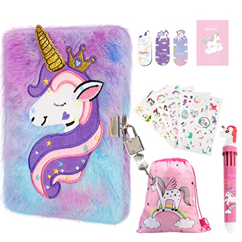 homicozy Diario Segreto Bambina con Lucchetto, 13pcs Unicorno Cancelleria Peluche Diario, Taccuino Privato con 6 Colori Penna, Adesivi, Segnalibro, 160 Pagine A5 Quaderno, Ragazza Regalo 6-10 Anni