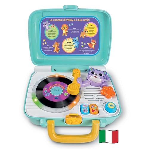 VTech Wisky, Micio Giradischi, Giradischi per Bambini, 5 Dischi Fronte-Retro, Regolazione Volume, Valigetta Inclusa, 6 Canzoni, Lingua Italiana, Batterie Incluse, 1-4 Anni
