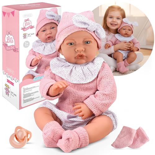Kinderplay Bambola 41 cm corpo morbido - bambola parlante con suono/suono con ciuccio e accessori, bambola realistica in vestito rosa, giocattolo regalo per ragazze e ragazzi dai 3 anni in su