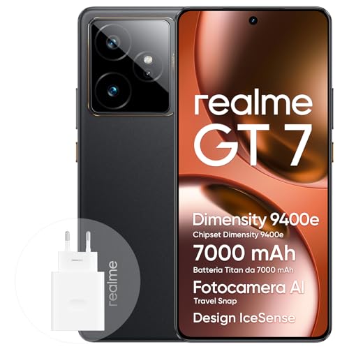 realme GT 7 Smartphone 5G 12+256 GB, chipset di punta Dimensity 9400e, batteria Titan da 7000 mAh, display da 6000 nit, fotocamera IMX906 OIS da 50 MP, AI Planner, IP69, IceSense Nero