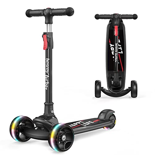 besrey Monopattino per Bambini da 3-10 anni, Monopattino Piegevole a 3 Ruote con Luci per Bambino e Bambina, Regolabile in 4 Altezze, Nero
