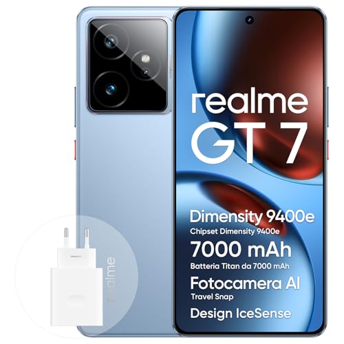 realme GT 7 Smartphone 5G 12+512 GB, chipset di punta Dimensity 9400e, batteria Titan da 7000 mAh, display da 6000 nit, fotocamera IMX906 OIS da 50 MP, AI Planner, IP69, IceSense Blu