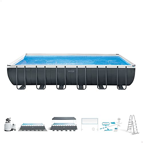 Intex 26368NP – Piscina Fuori Terra Ultra XTR Frame Rettangolare, Pompa Filtro 7900 L/h, Scaletta, Telo Base e Copertura, Kit Pulizia Deluxe e Set Volley, 31805 L, Acciaio e PVC, Grigio, 732x366x132cm