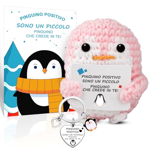 Szhhrxi Pinguino Positivo con Carta Motivazionale y Pinguino Portachiavi, Pinguini Pocket Hug Positive, Lavorata Maglia Pinguino, Regali Divertenti per Bambini Donna Ragazza Amica Collega (Rosa)