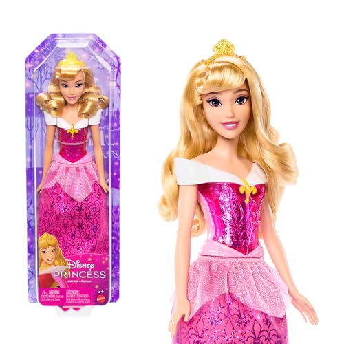 Mattel Disney Princess, Aurora bambola con capi e accessori scintillanti ispirati al film, Giocattolo per Bambini 3+ Anni, HLW09