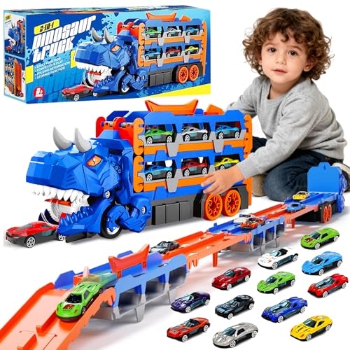 NXPZ Camion dei Trasporti Dinosauro Giocattolo per Bambini, Giocattolo 3 in 1 con Pista Piegevole e Lanciatore, Camion Portatile con 12 Auto da Corsa, Regalo per Bambini di 3 4 5 6 7 8 Anni