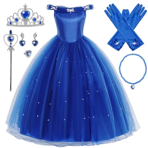 YOSICIL Ragazza Principessa Cenerentola Costume Manicotto a Sbuffo Festa Vestito Costume da Cenerentola per Bambina Halloween Cosplay Carnevale Festa Compleanno Abiti Accessori,Blu,130