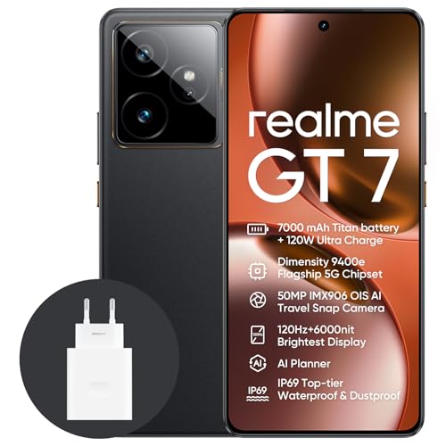 realme GT7 5G Smartphone,12+256GB,Batteria 7000mAh,120W charge,Processore Dimensity 9400e, Fotocamera IMX906 50MP, AI Planner, Display Pro-Esports da 6000 nit 120Hz,IP69,nero, esclusiva Amazon, GT 7