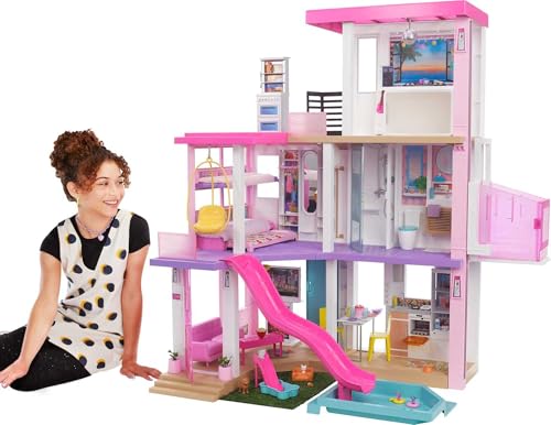 Barbie Casa dei Sogni - Playset Casa di Barbie 3 piani - Piscina - Scivolo - Ascensore - Oltre 75 Accessori - Alta 110 cm - Regalo per Bambini 3-7 Anni, GRG93