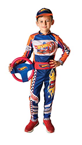 Hot Wheels tuta pilota Race Team costume travestimento bambino originale (Taglia 5-7 anni) con volante in foam