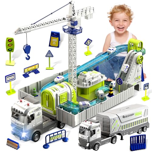 Charmofun Camion Cantiere Giocattolo Bambini, Veicoli da Cantiere con Piste Macchinine e Torre Gru, Mini Macchina, Grandi Camion in Lega Regalo per Bambini 3+ Anni