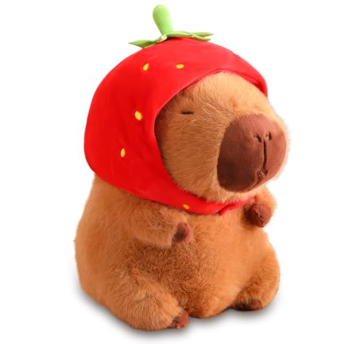 VerLuky Capybara - Peluche a forma di maiale, 23 cm, motivo: cartoni animati Capybara, con coperchio di fragola, simpatico maiale d'acqua, regalo per adulti e bambini