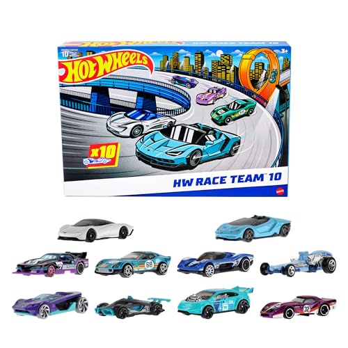 Hot Wheels – Set da 10 auto da corsa (Un set a sorpresa tra stili assortiti), include Corvette, Lamborghini, McLaren e veicoli originali collezione die-cast 1:64, giocattolo 3+, HYM96