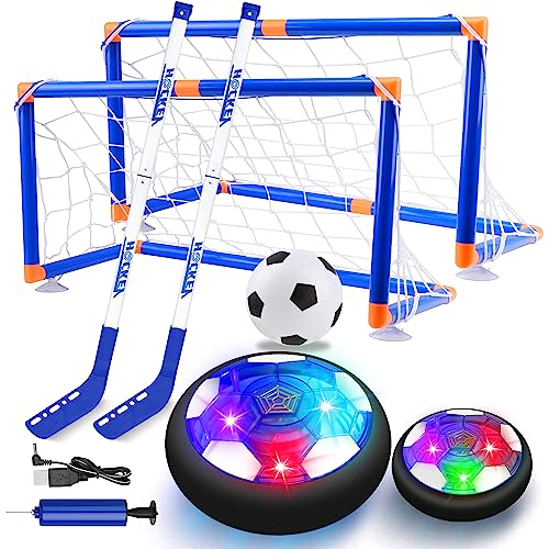 SUNACE Calcio Bambini - 3 in 1 Hover Hockey Kit con 2 Porta da Calcio per Interno All'aperto Giochi Bambini Compleanno Natale Regali per Bambini 3 4 5 6 7 8 9 10 Anni Pallone Calcio Fluttuante