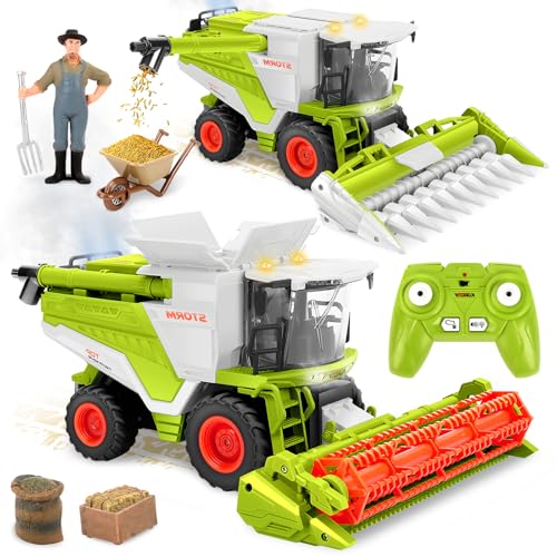 Charmofun Mietitrebbia Telecomandata con Spruzzatura, Trattore Radiocomandato per Bambini, 2,4 Ghz RC Trattore Giocattolo, Giocattoli Agricoltura Playset Regali