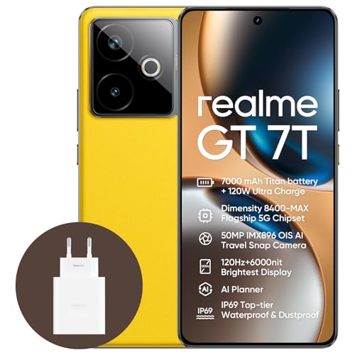 realme GT 7T 5G Smartphone,12+512GB,Batteria 7000mAh,120W charge,Processore Dimensity 8400-MAX, Fotocamera IMX896 50MP, AI Planner, Display Pro-Esports da 6000 nit 120Hz,IP69,Giallo esclusiva Amazon