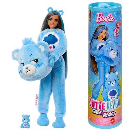 Barbie - Cutie Reveal Serie Care Bears, bambola con costume di orso di peluche Grumpy Bear, 10 accessori a sorpresa cambia colore tra cui un mini orso inclusi, giocattolo per bambini, 3+ anni, JCN96