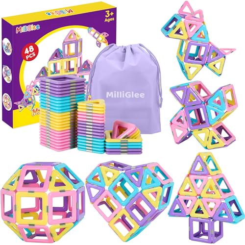 MilliGlee Costruzioni Magnetiche - 48 Pezzi Magneti Bambini con Borsa Portaoggetti Blocchi Magnetici per Bambini Gioco Calamite Giochi Magnetici per Bambina Bambino 3 4 5 6 7 8 Anni Regali