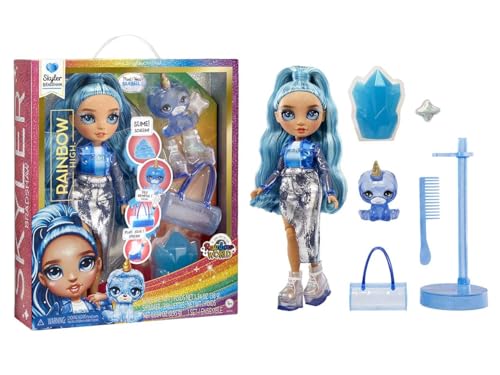 Rainbow High Fashion Doll con Slime Kit & Animale - Skyler (blu) - Bambola scintillante da 28 cm con Slime scintillante, Animale Magico e Accessori Moda - Età 4-12 anni