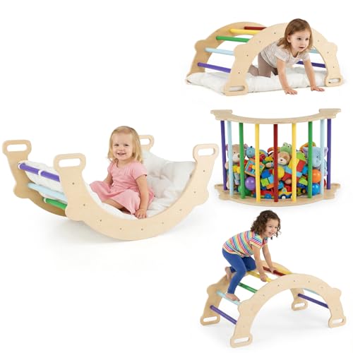 COSTWAY Arco da Arrampicata per Bambini, 3 in 1 Altalena ad Arco in Legno con Cuscino Morbido, Doppia Faccia, Ideale per Bambini 3+ Anni (Stile 2 Colorato)