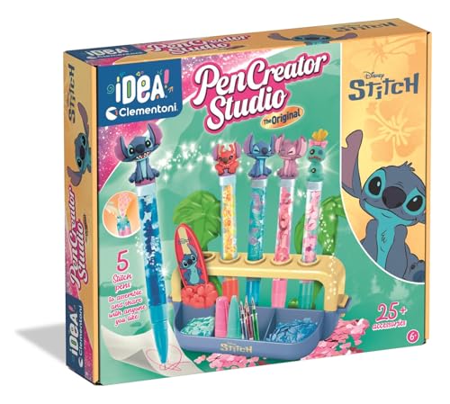 Clementoni Idea - Laboratorio delle Penne Disney Stitch, Kit Creativo per Bambini 6+ Anni, con 25+ Accessori e 5 Penne Personalizzabili con Personaggi, Lingua Italiana, 18204
