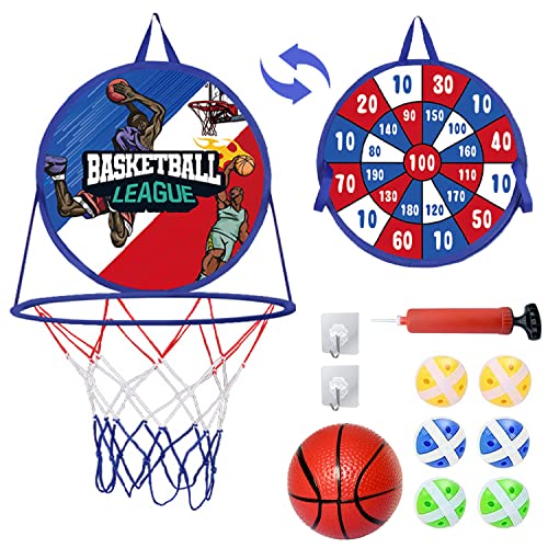 Canestro Basket Bambini con Freccette Giocattoli, 2 in 1 Bersaglio Freccette e Mini Basket Bambino Giochi, Doppia Faccia Appendere Sportivo Giocattolo, Interni ed Esterno Gioco Regalo (Blu)