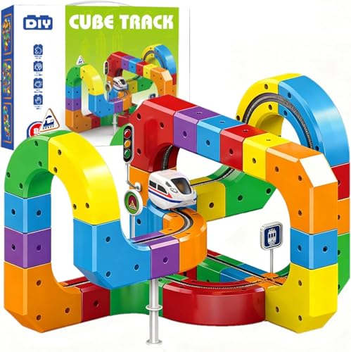 Clickrail Set di Traino Elettrico, Klickrail Pista Binari 3D DIY Cube Track con Blocchi Costruzioni, Percorso a Gravità, Set Gioco Creativo STEM, Regalo per Bambini (81 pezzi)