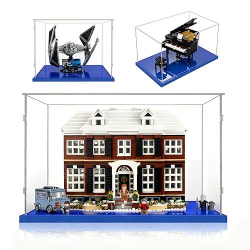 AAABOX Grande Teca Espositiva 45x40x35 con Base Blu,3mm Acrilico Trasparente Antipolvere Vetrina per Home Alone House 21330 Star Wars Tie Interceptor 75382 Modello Collezione
