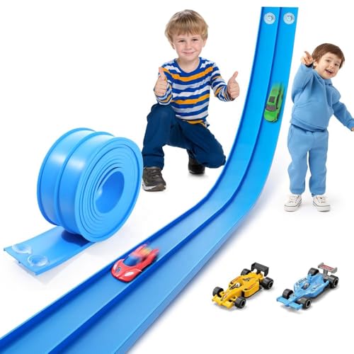 Pista Macchinine Flessibile 5m con 4 Auto e 12 Ventose – Gioco Bambini 3+ per Corse Creative e Circuiti Personalizzati | BLUETURBO