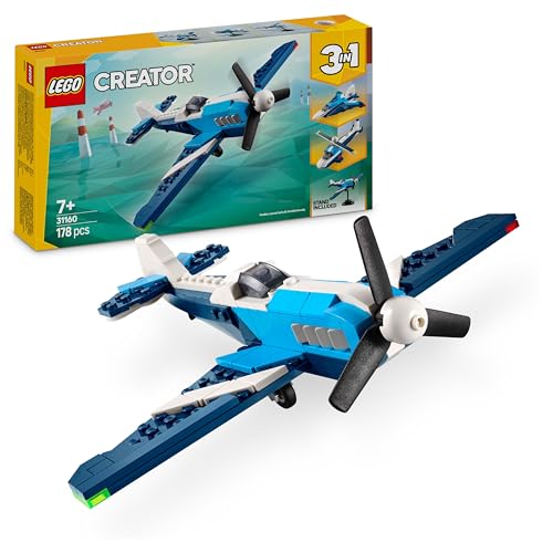 LEGO Creator 3 in 1 Velivolo: Aereo da Competizione, Modello di Aeroplano Giocattolo Trasformabile in Elicottero e Jet con Parti Mobili e Supporto, Giochi d'Avventura per Bambini da 7 Anni 31160
