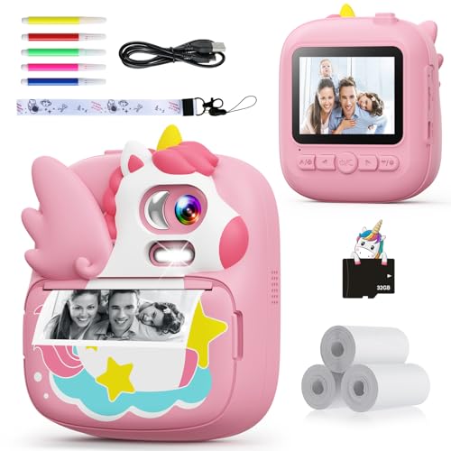 CAMCLID Macchina Fotografica BambinI Istantanea, 2,4 Pollici Digitale Fotocamera Bambina con 32GB TF Scheda e Carta Fotografica per Stampa, Regalo di Natale per Bambini dai 3-12 Anni (Rosa)