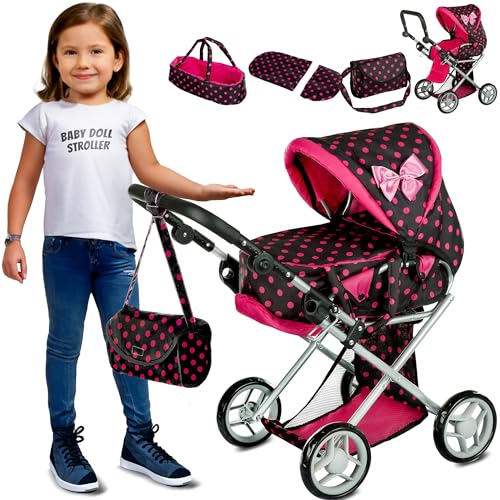 Kinderplay Carrozzina per Bambole 3 in 1 – Maniglia Regolabile 36,5–64 cm – Per Bambole fino a 40 cm – Telaio in Alluminio, Ruote Silenziose, Borsa