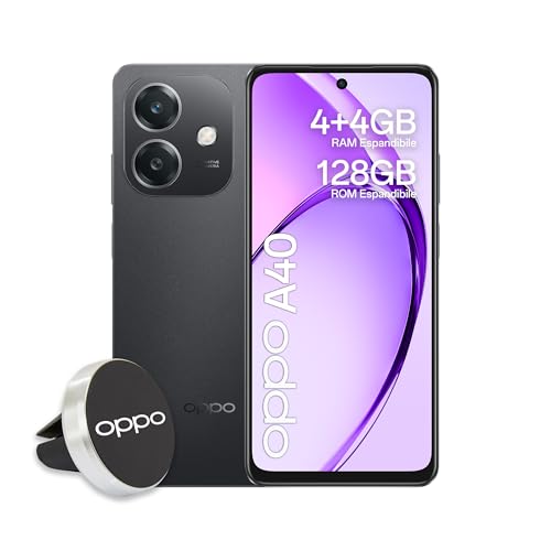 OPPO A40 Smartphone, Fotocamera AI 50MP, Selfie 5MP, Display 6.67” 90HZ LCD HD+, 5100mAh, RAM 4 Esp 8GB (+4GB Virtuali) +ROM 128GB, IP54, Supporto Auto [Versione Italia], Sparkle Black