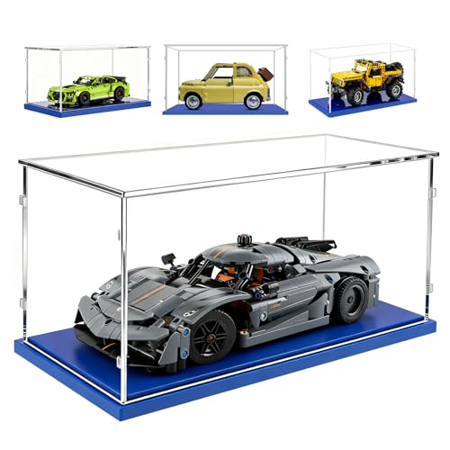 Teca Espositiva 35x15x15 con Base Blu,3mm Acrilico Trasparente Antipolvere Vetrina per Modellini Auto 1/18 Ford Mustang Shelby GT500 42138 Jeep Wrangler Lamborghini Huracan 42161 Bugatti Bolide 42151