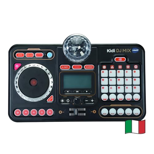VTech Kidi DJ Mix, Console da DJ per Bambini, Effetti Luminosi da Concerto, DJ Mix da Bambini con Microfono, Collega il Tuo Lettore MP3, Jack o Bluetooth, Lingua Italiana, Batterie Incluse, 6+ Anni
